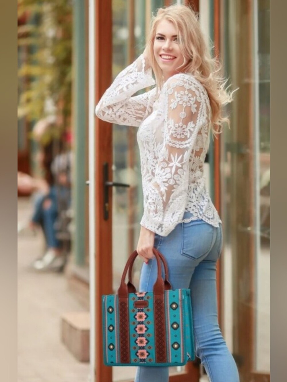 New Wan & Kelo Aztec Boho Blue/Brown Handbag With Shoulder Strap And Wristlet